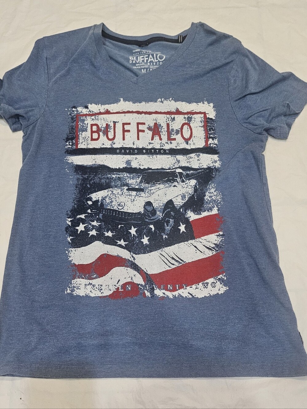 Buffalo David Bitton Blue Graphic Tee with Red & White Accent. Sz M